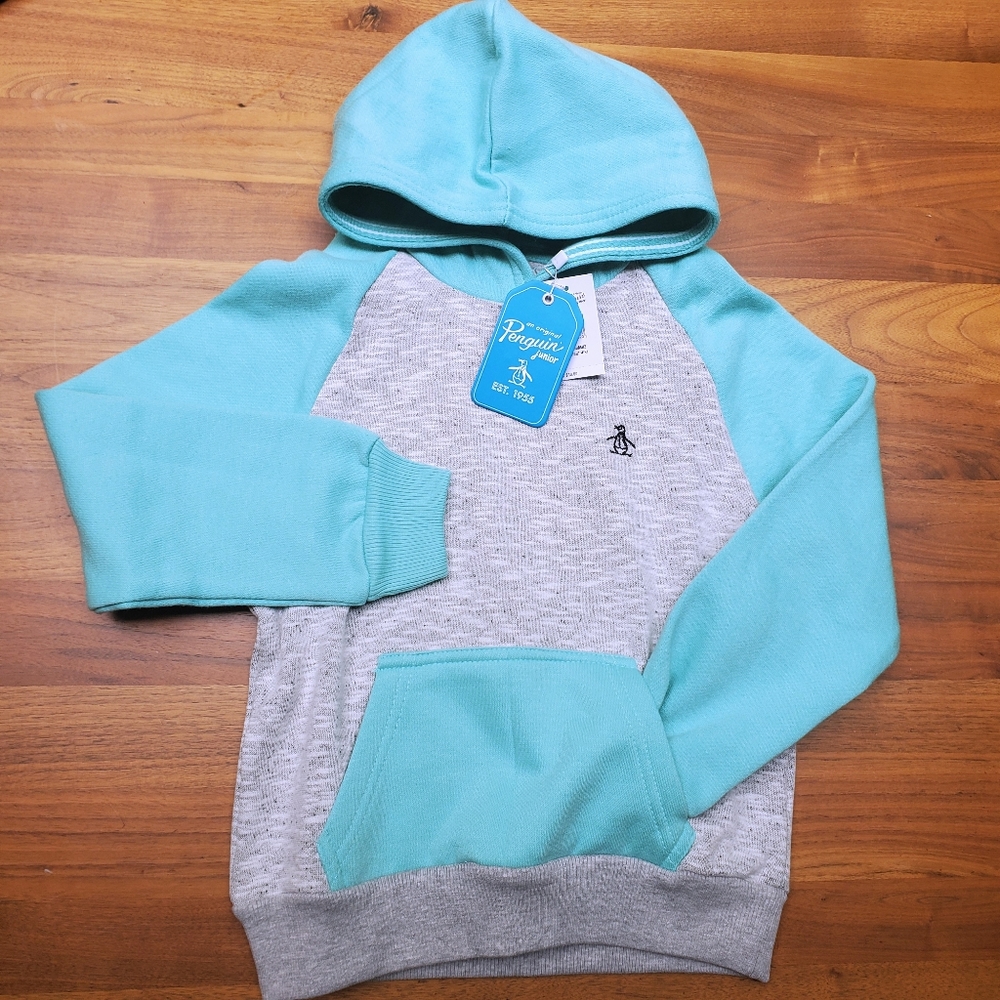 ORIGINAL PENGUIN Jr NEW hoodie official pullover aqua blue green grey SWEATSHIRT